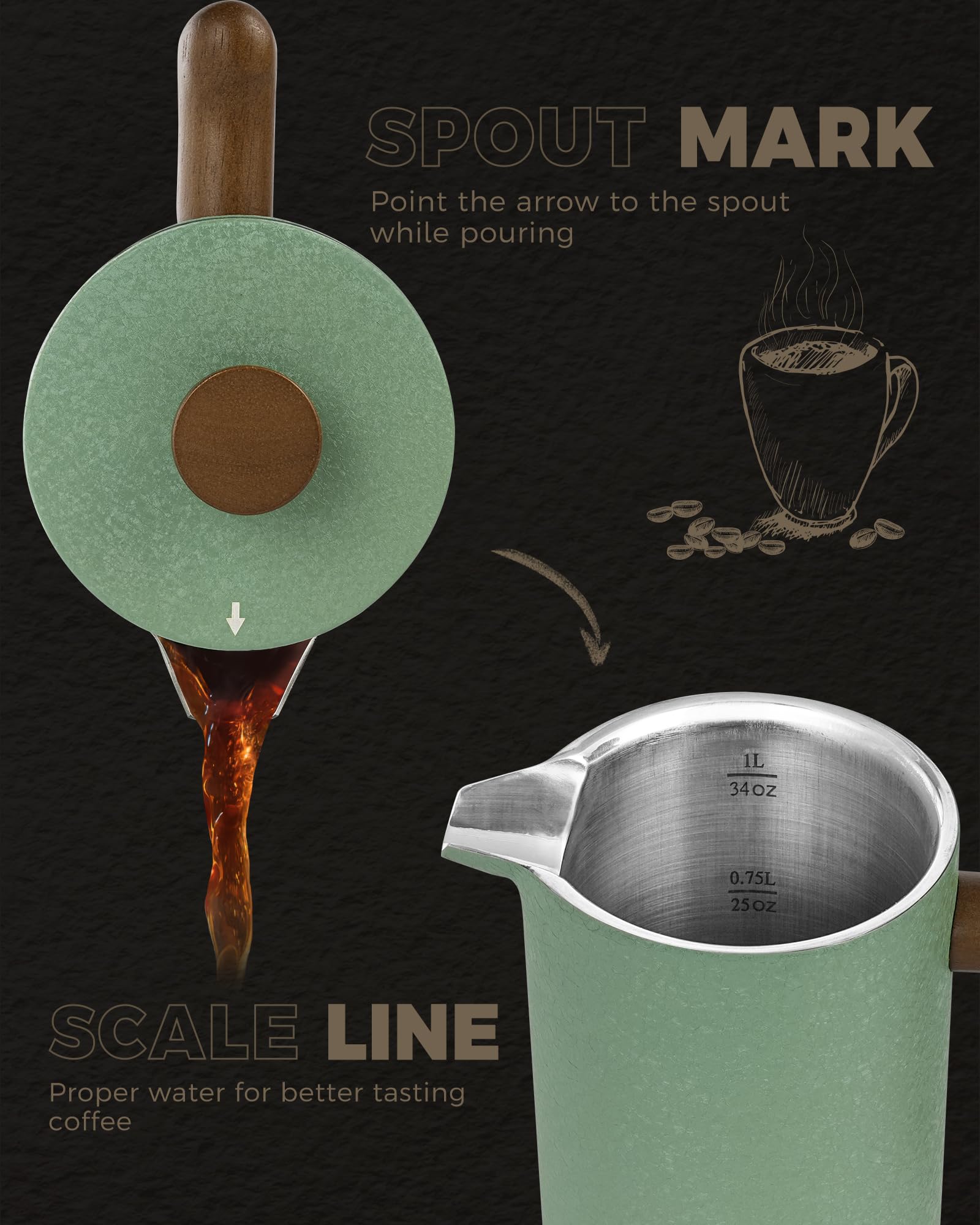 Poliviar French Press Coffee Maker - 1L Insulated Stainless Steel Cafetiere