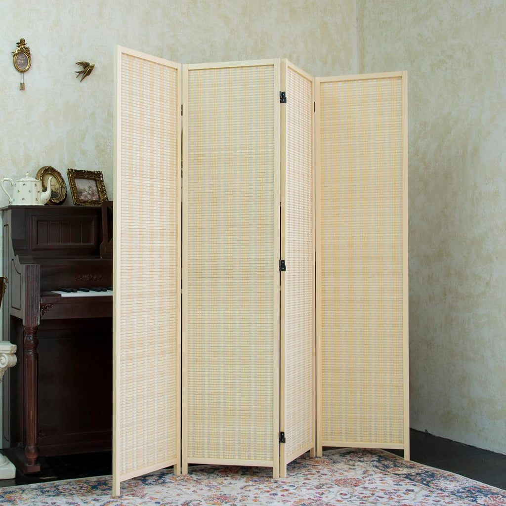 Furnnylane 4 Panel Bamboo Room Divider and Folding Panel Screen,Bamboo Panel Divider for Room Separation,Beige,170 cm H x 156 cm W