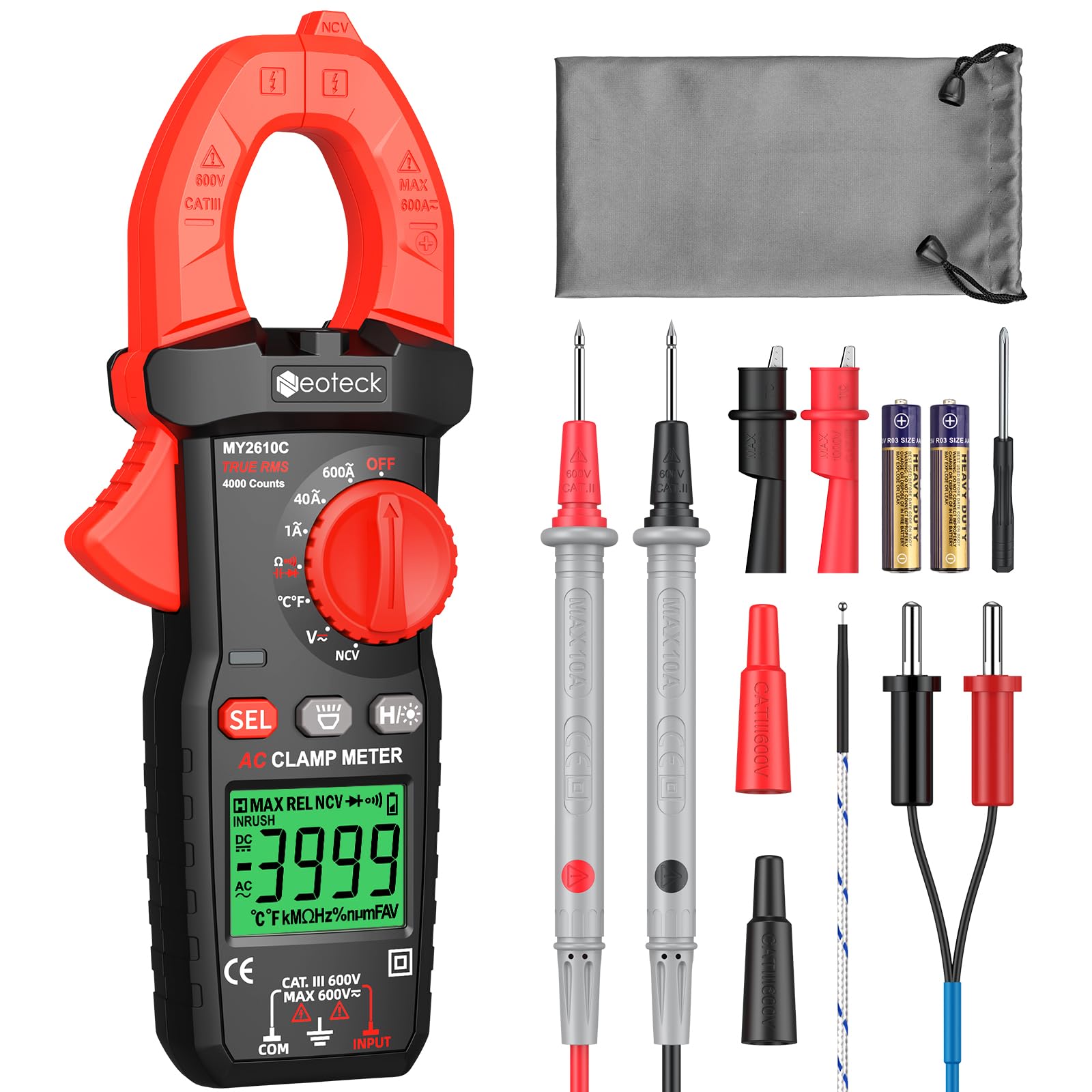 Neoteck 600A AC Digital Clamp Meter | 4000 Counts TRMS Multimeter
