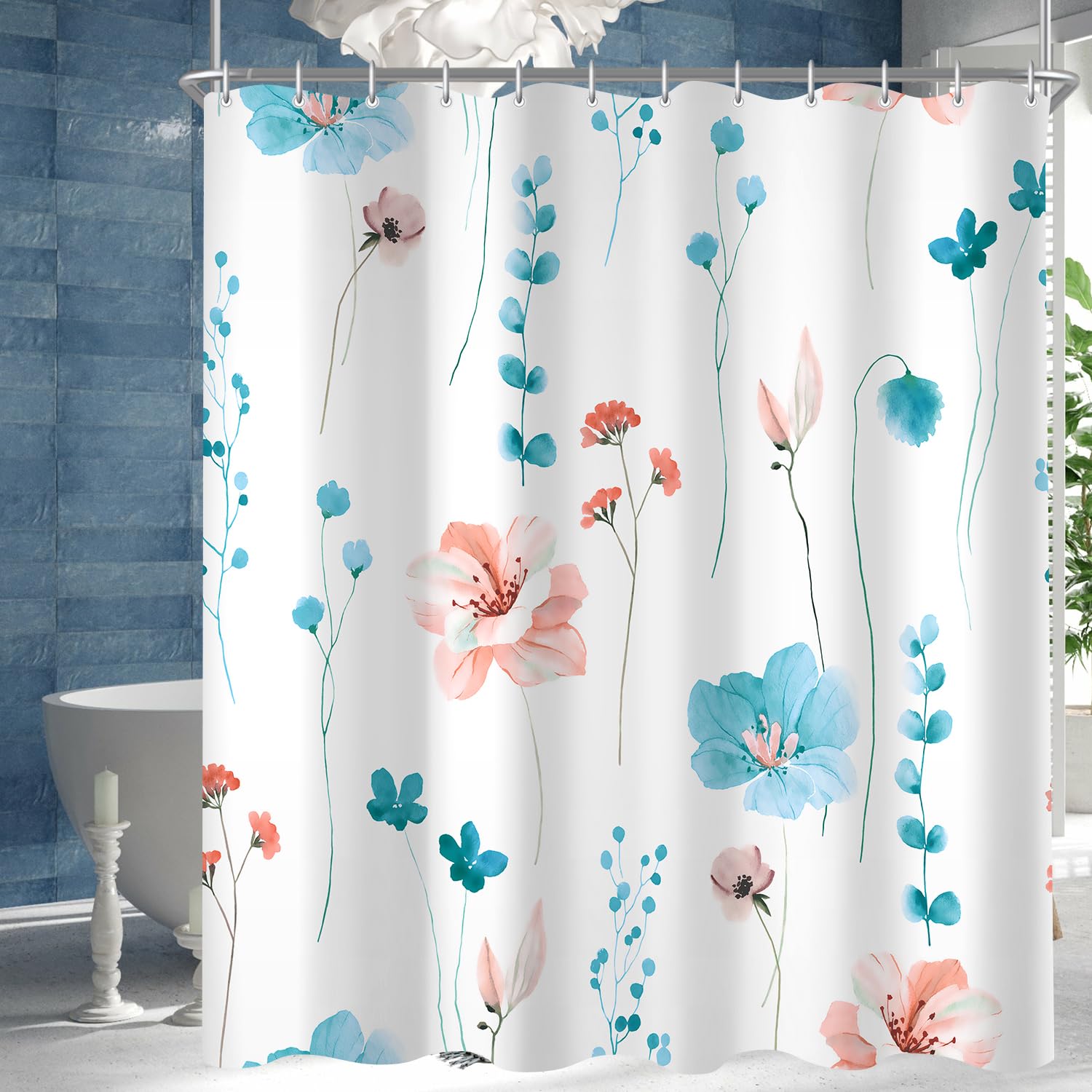 Lerores Light Blue Floral Shower Curtain – 180x200cm Anti-Mould Polyester