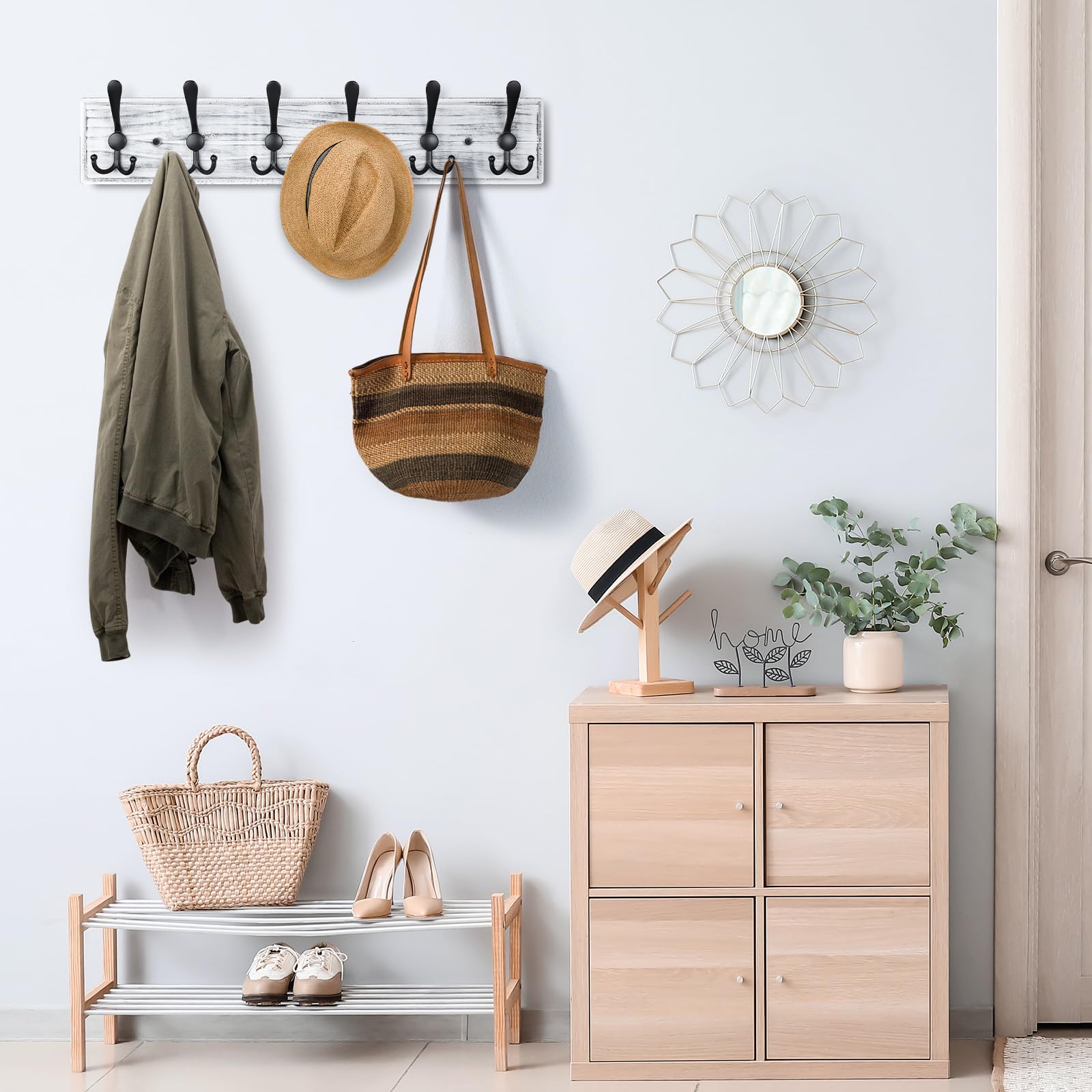 PHINGEER Wall Mounted Coat Rack – 6 Triple Hooks Heavy Duty Pine Wood