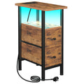 AMHANCIBLE Slim Bedside Table with LED Light and Charging Station – Brown