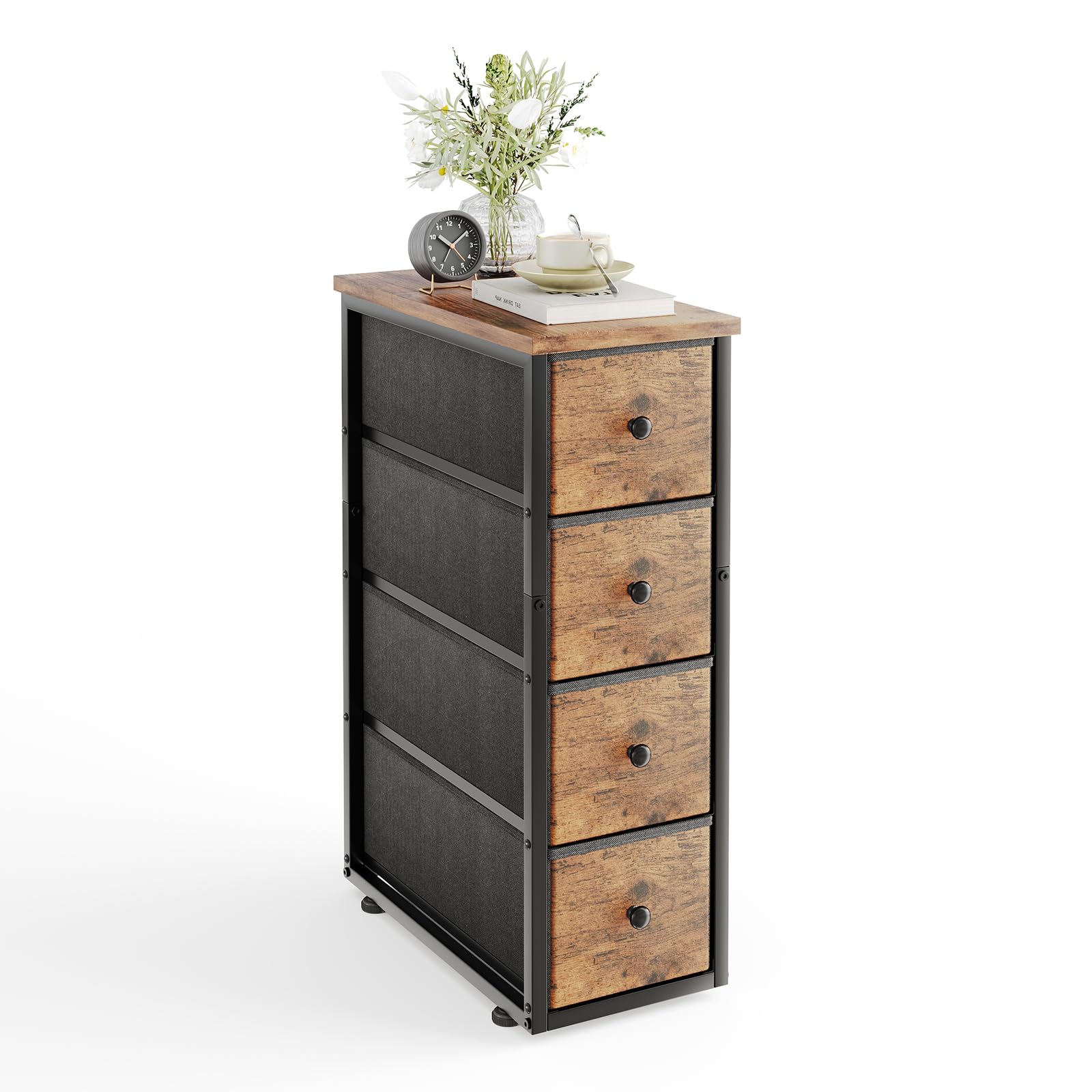 MUTUN Narrow 5 Drawer Chest Dresser | Slim Fabric Storage with Wood Top