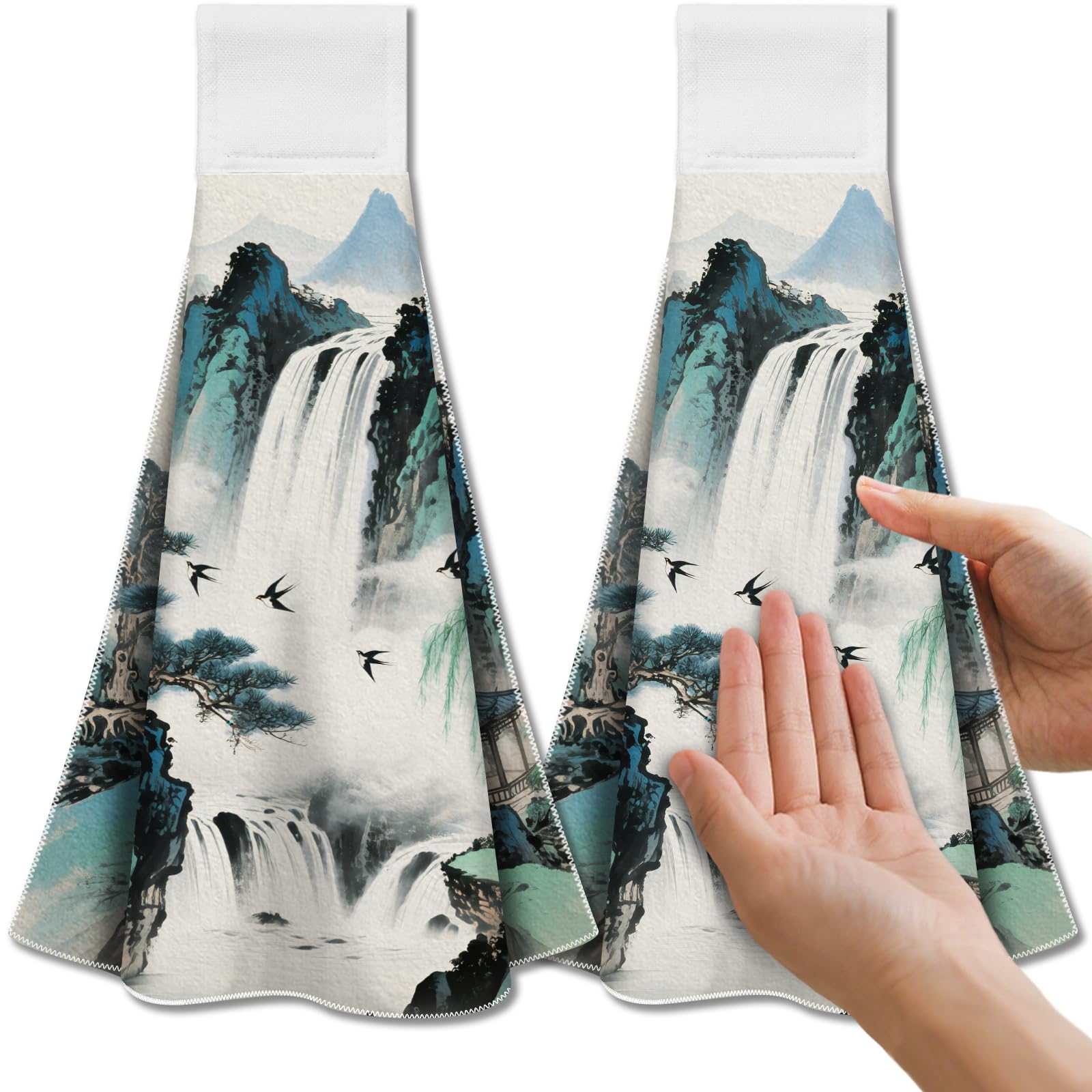CUTHOLLOW Chinese Landscape Tea Towels | Set of 2 Microfiber Hanging Towels