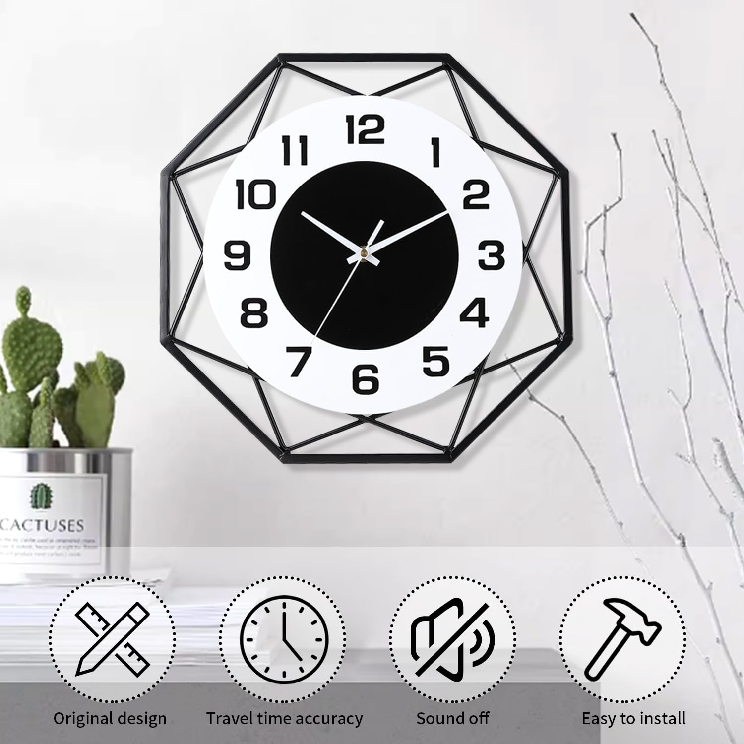 24 Inch Modern Metal Wall Clock – Silent Large Quartz Decor