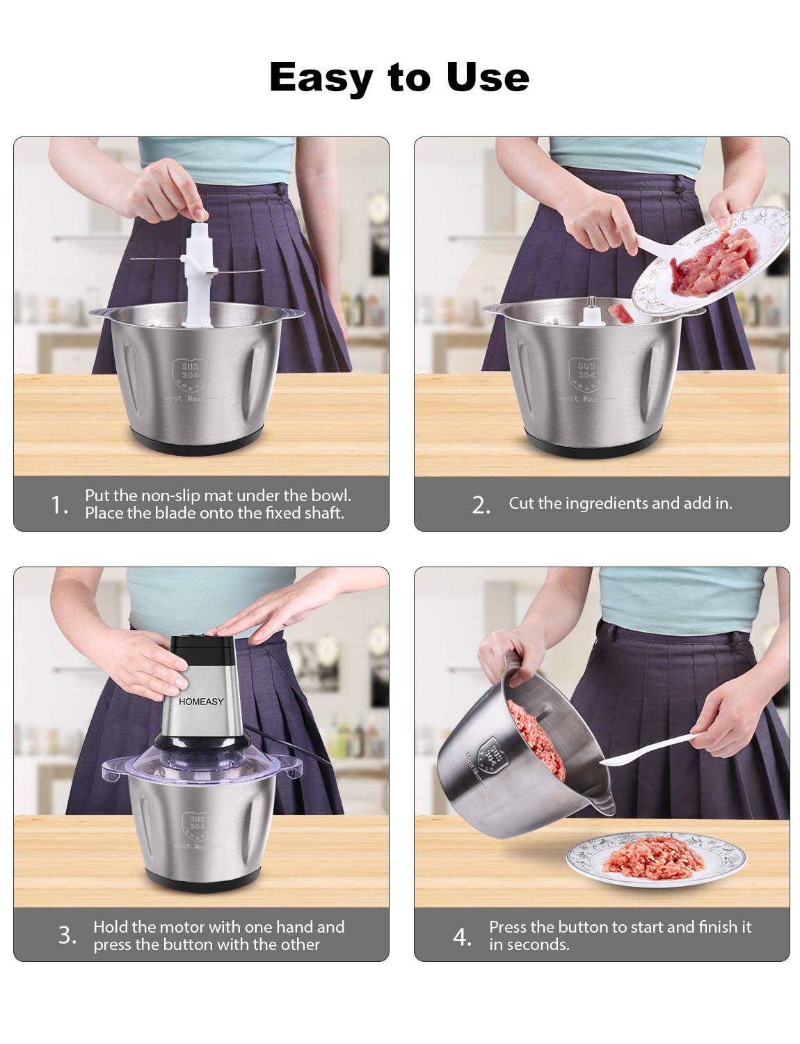Homeasy Food Processor | 2.5L Stainless Steel Meat Grinder & Chopper