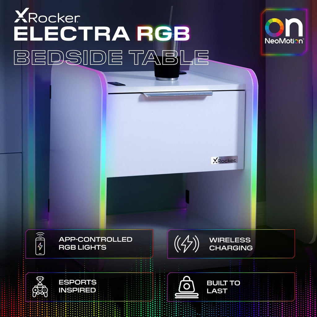 X-Rocker Electra 45cm x 40cm, RGB LED Bedside Table & Drawer - Neo Motion™ Sync App Controlled LED Lights, Wireless Charging, 1 Drawer, Storage Shelf - image 2