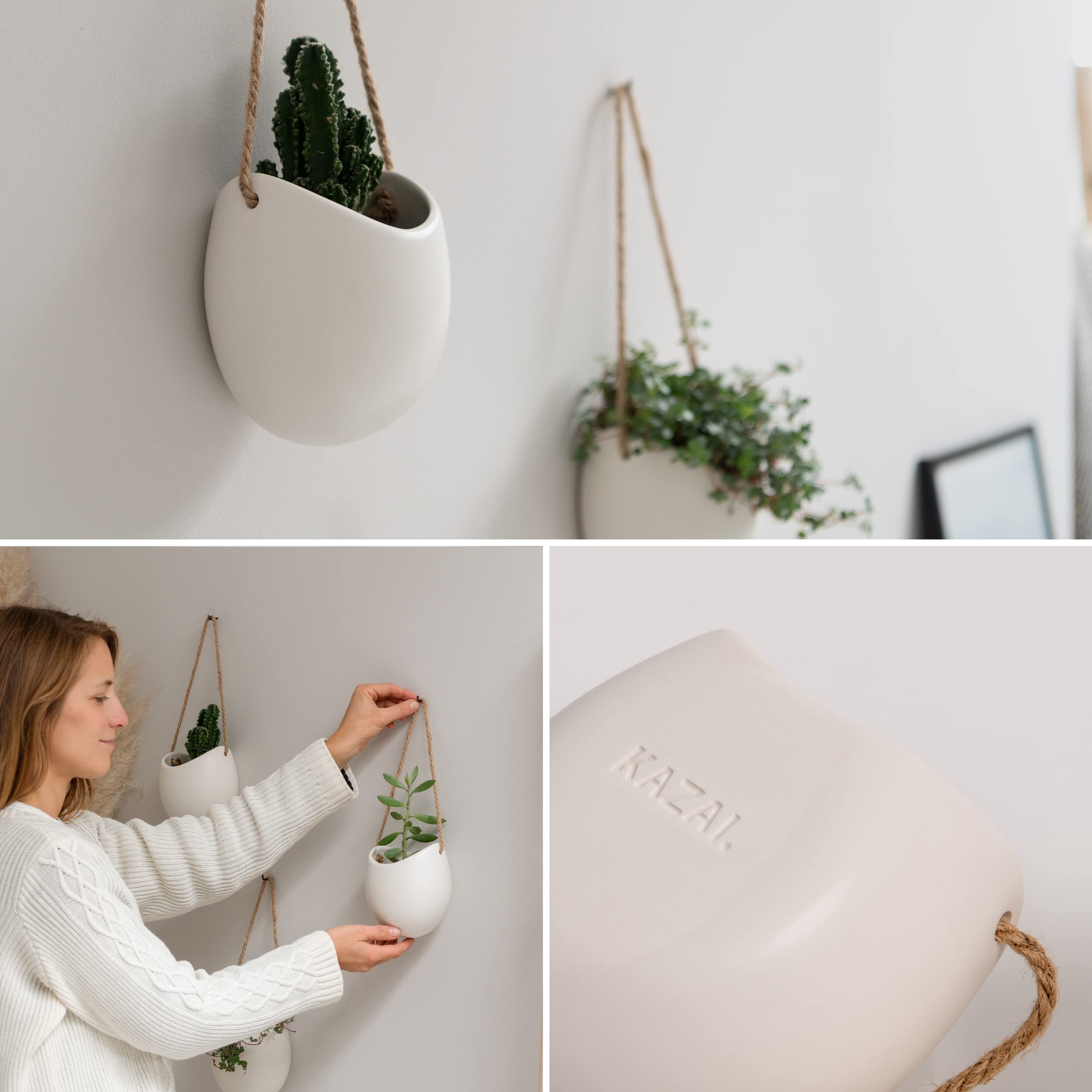 Kazai Ellie Hanging Ceramic Wall Planters – 3 Piece Indoor Garden Set