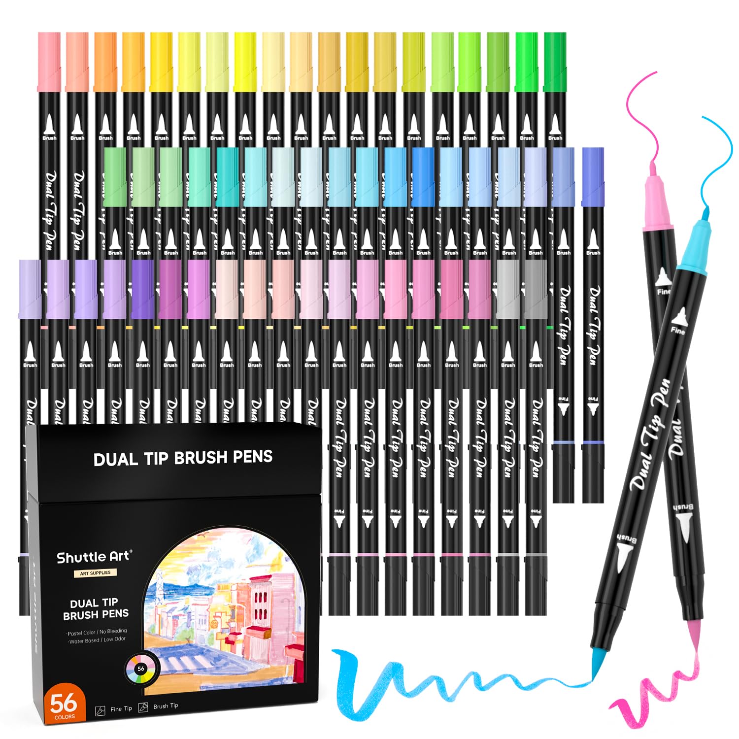 Shuttle Art 56 Pastel Dual Tip Brush Pens | Fineliner Art Markers