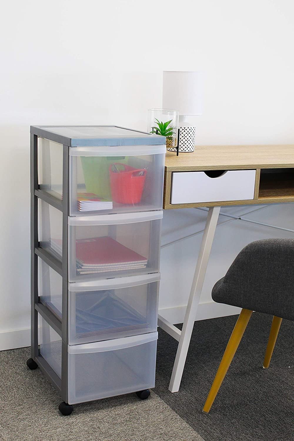 Iris Ohyama 4-Drawer Plastic Storage Tower with Wheels | A4 Silver Organiser