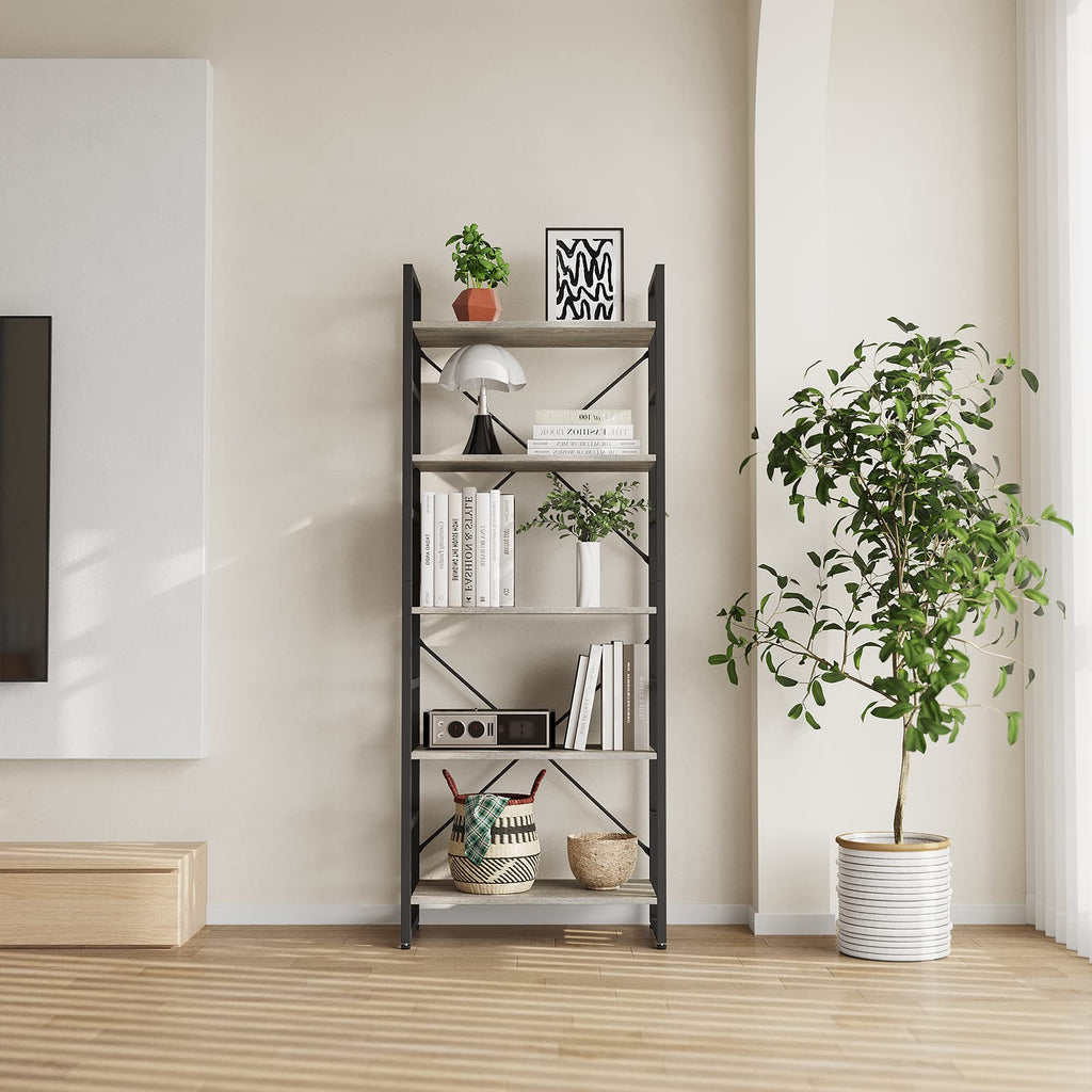 TREETALK 5-Tier Industrial Bookshelf – Grey Standing Storage Rack