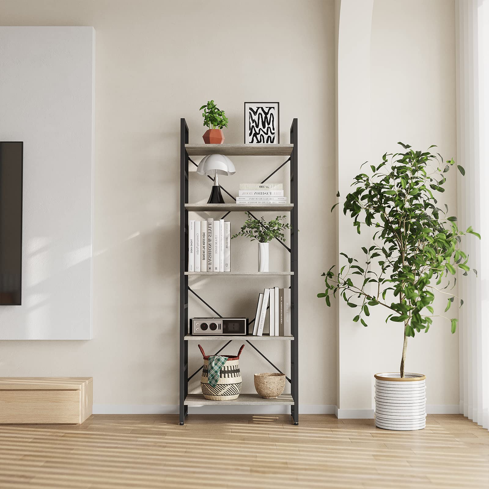 TREETALK 5-Tier Industrial Bookshelf – Grey Standing Storage Rack