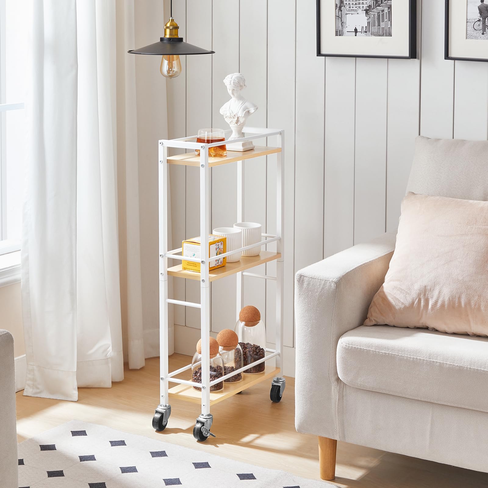 MAHANCRIS 3-Tier Slim Rolling Cart | Narrow Wooden Utility Storage Rack