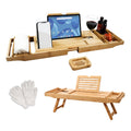 Trekis Bamboo Bath Caddy Tray - Extendable Bathtub Rack with Accessories