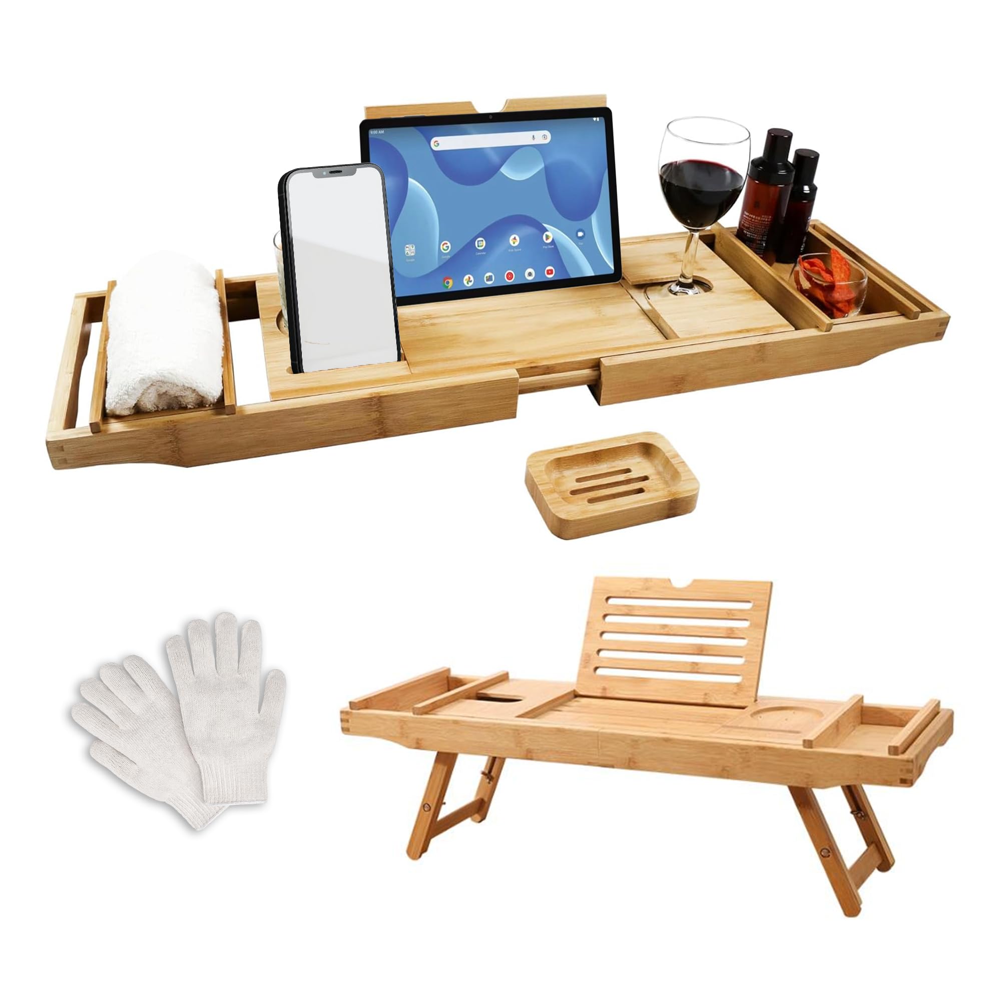 Trekis Bamboo Bath Caddy Tray - Extendable Bathtub Rack with Accessories
