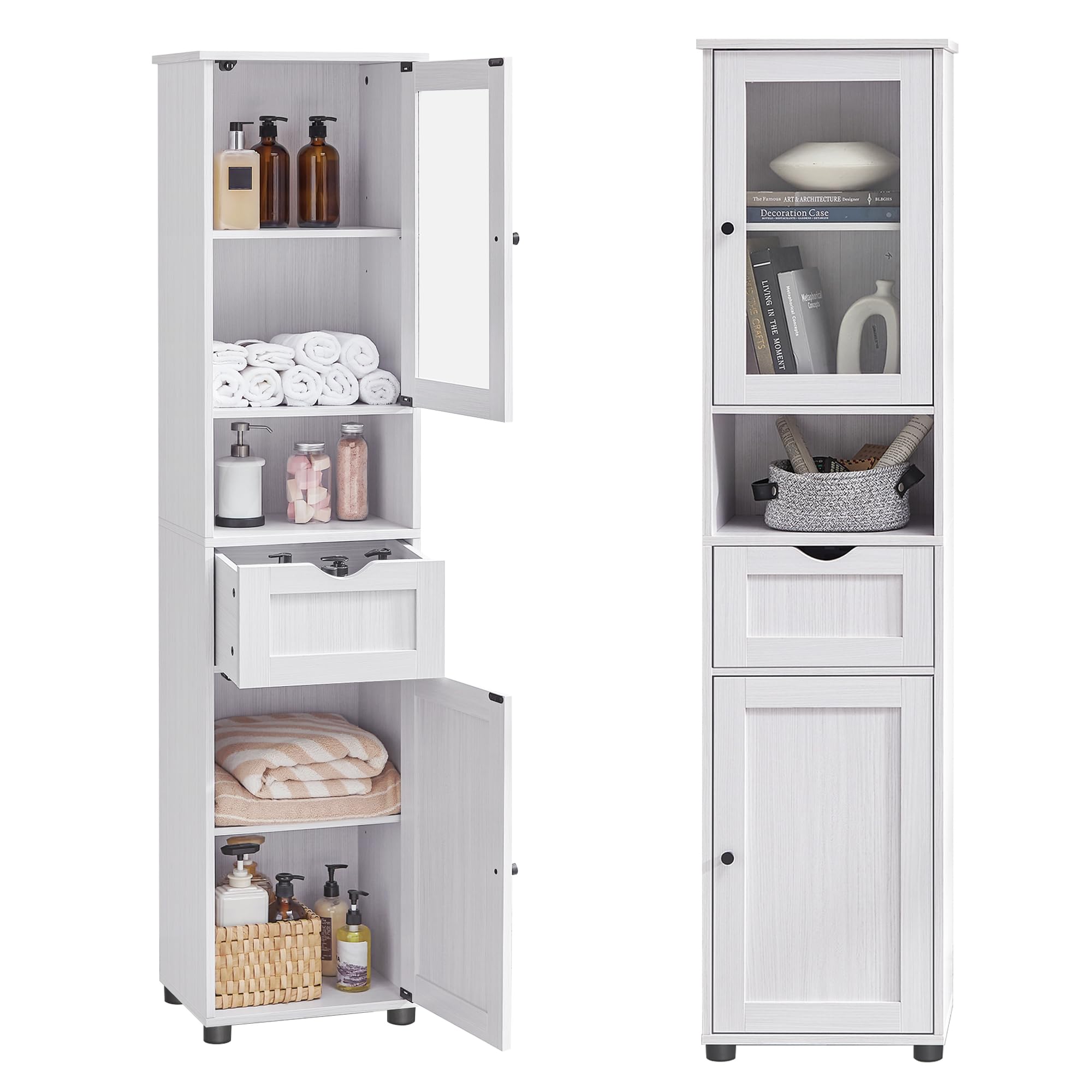 VASAGLE Tall Slim Bathroom Cabinet | Light Grey Wood Grain Storage Cupboard