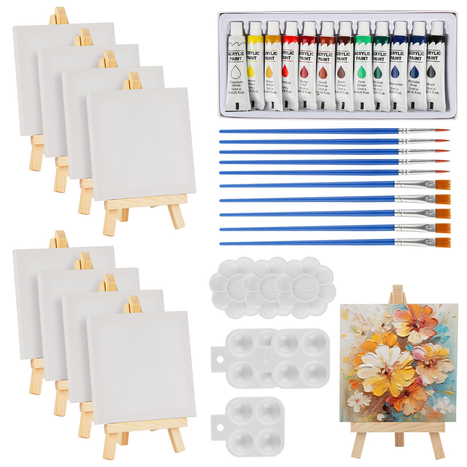 44 Pcs Mini Canvas and Easel Set | 4x4 Acrylic Painting Kit