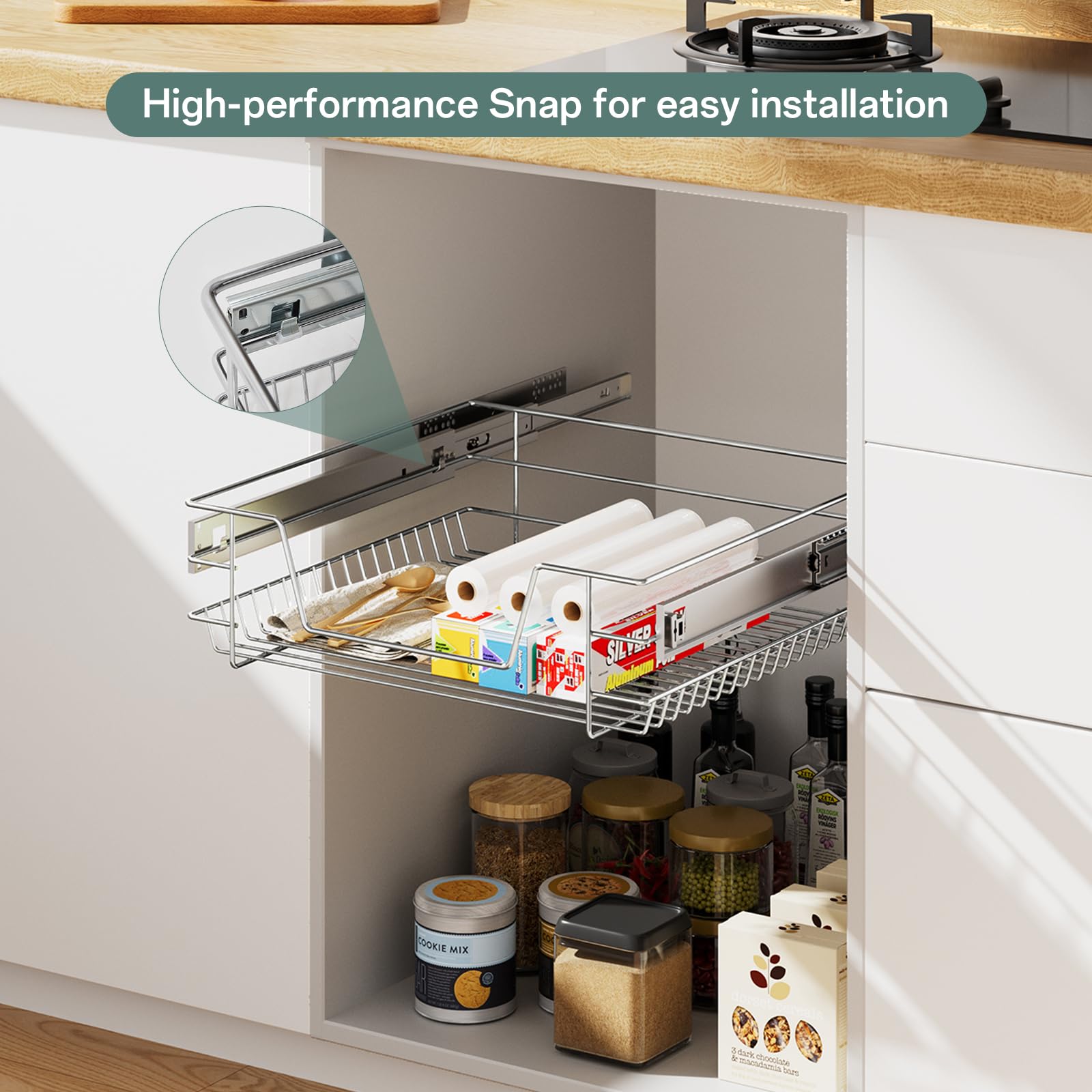 XEMQENER Pull Out Kitchen Wire Basket – Heavy Duty 400mm Cabinet Drawer