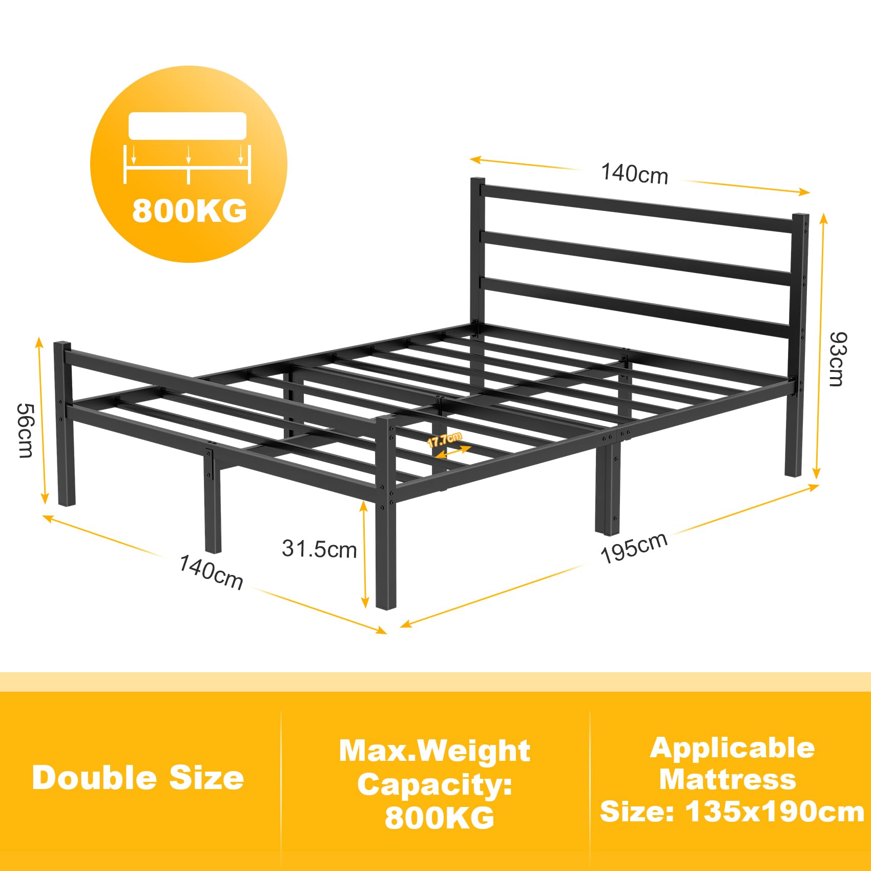 Yornoli 4ft6 Double Bed Frame | Black Metal with Storage & Headboard