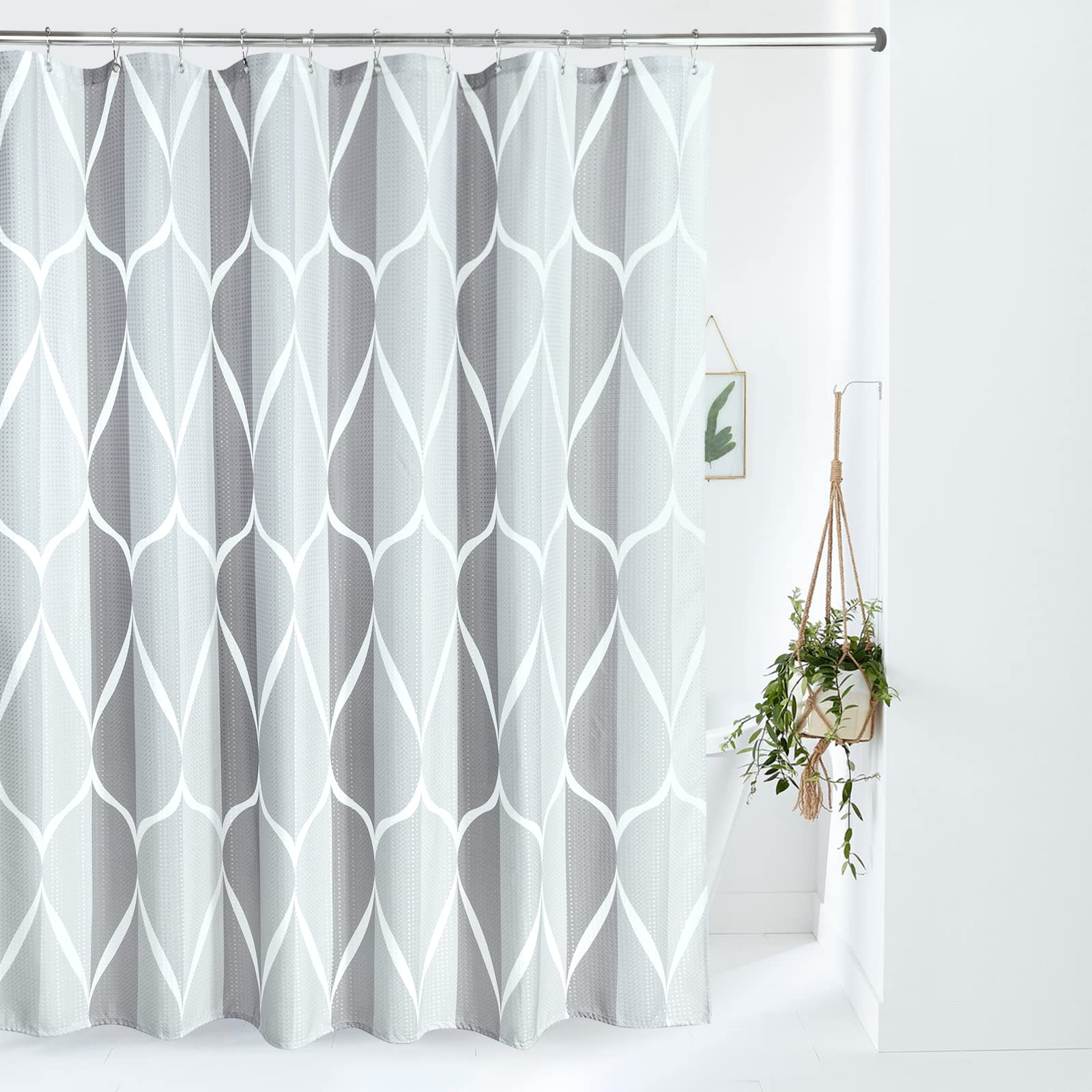 VANZAVANZU Geometric Fabric Shower Curtain with Metal Hooks – Grey