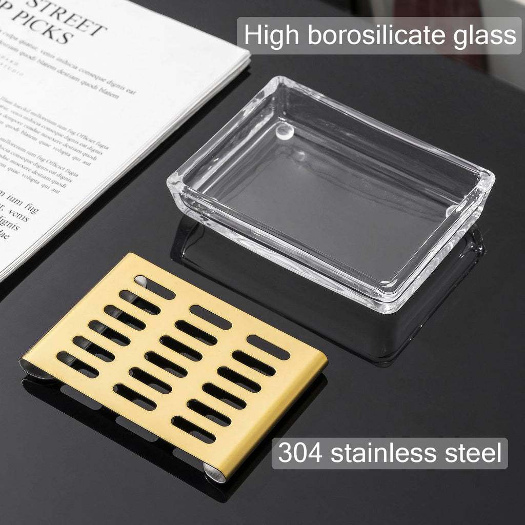 Glass Soap Dish 11.3 x 8.5 x 2.4cm Stainless Steel Soap Holder for Bathroom and Shower Double Layer Draining Soap Box Gold tray