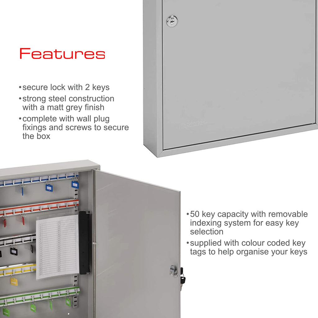 Sterling KC50H Single Door Key Cabinet with 50 Hooks, Grey