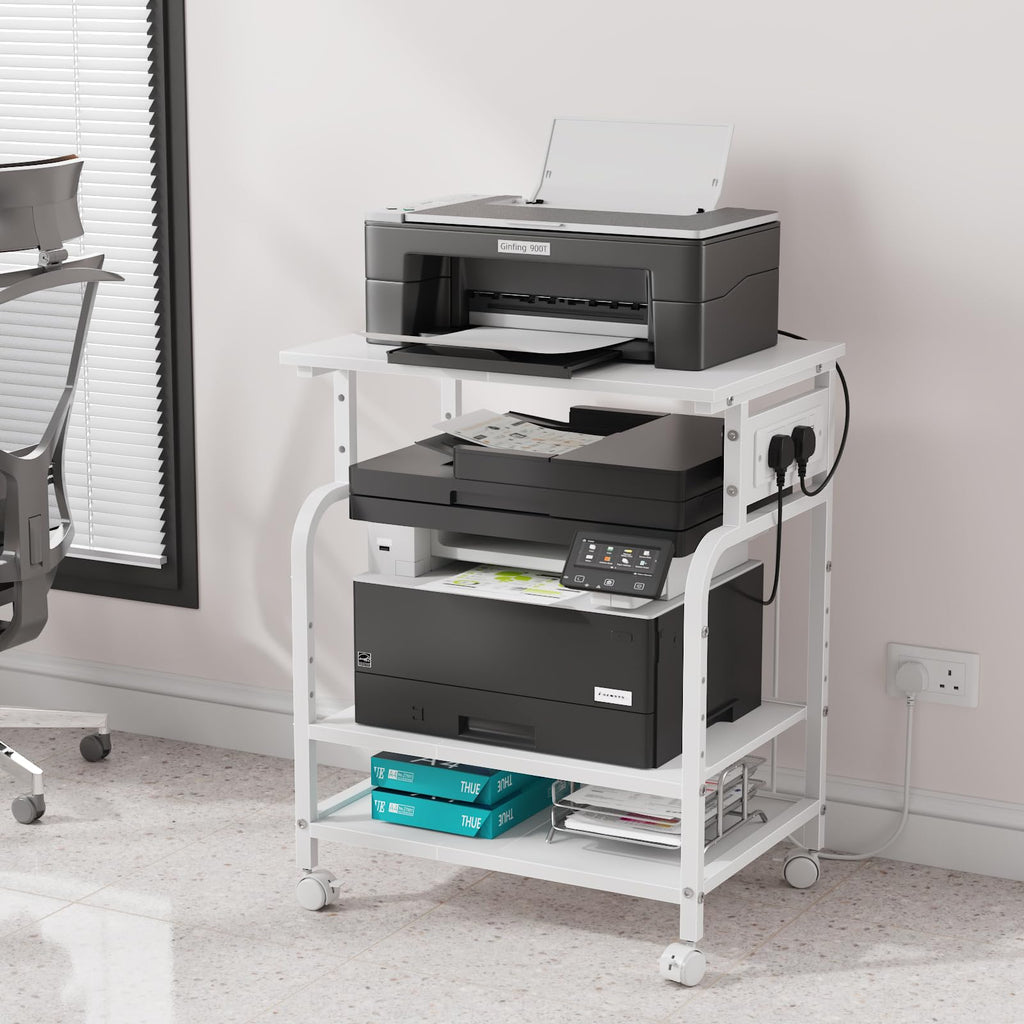 OYRREU 3-Tier Rolling Printer Stand with Outlets for Home, Office, White - image 1