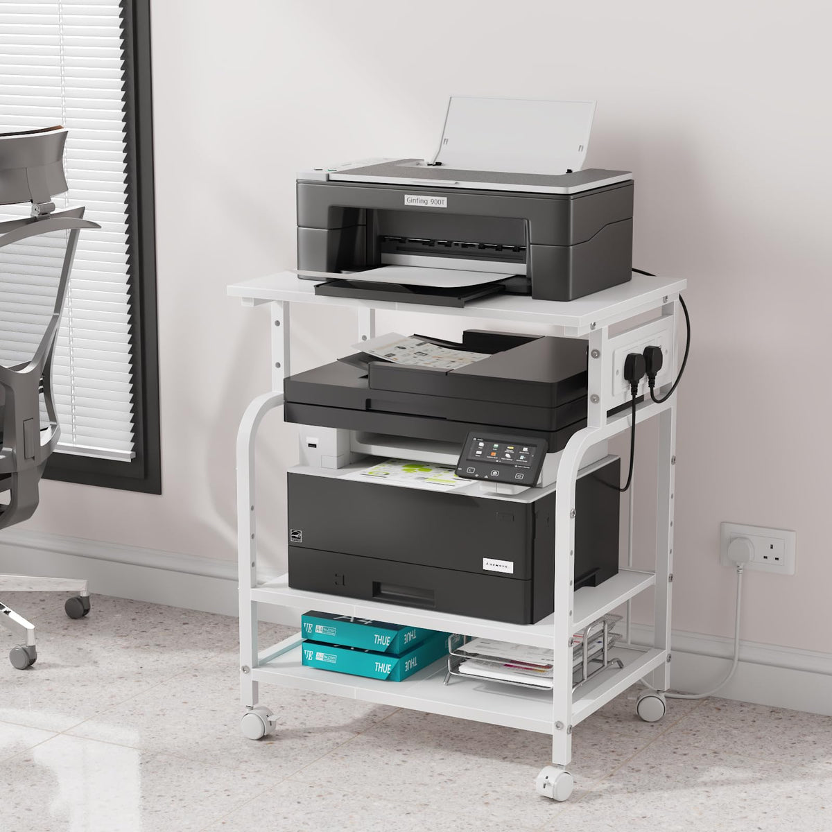 OYRREU 3-Tier Rolling Printer Stand with Outlets for Home, Office, White - image 1