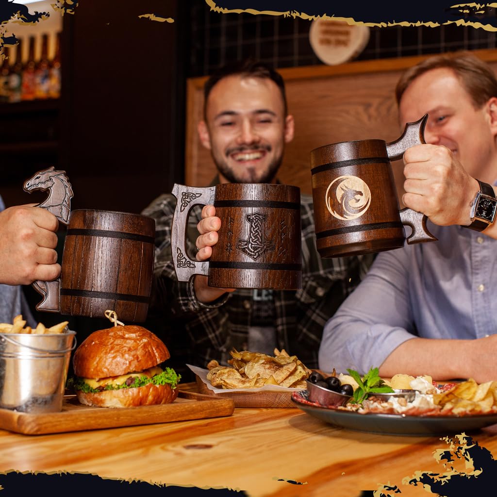 Teslyar Viking Beer Mug – 20oz Handcrafted Oak Wood & Stainless Steel