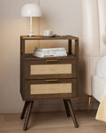 JERX Rattan Bedside Table – Farmhouse Nightstand with 2 Drawers, Walnut