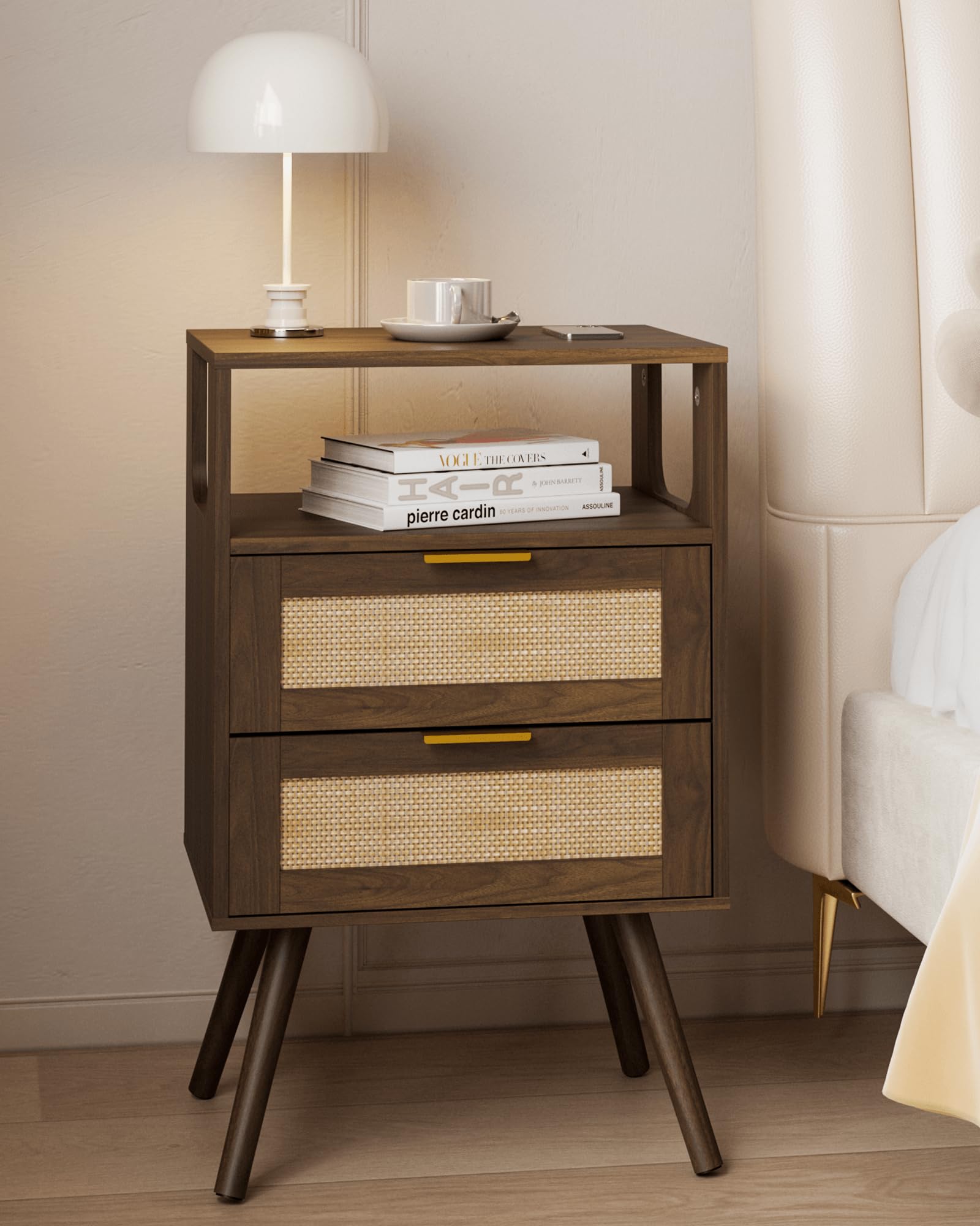 JERX Rattan Bedside Table – Farmhouse Nightstand with 2 Drawers, Walnut