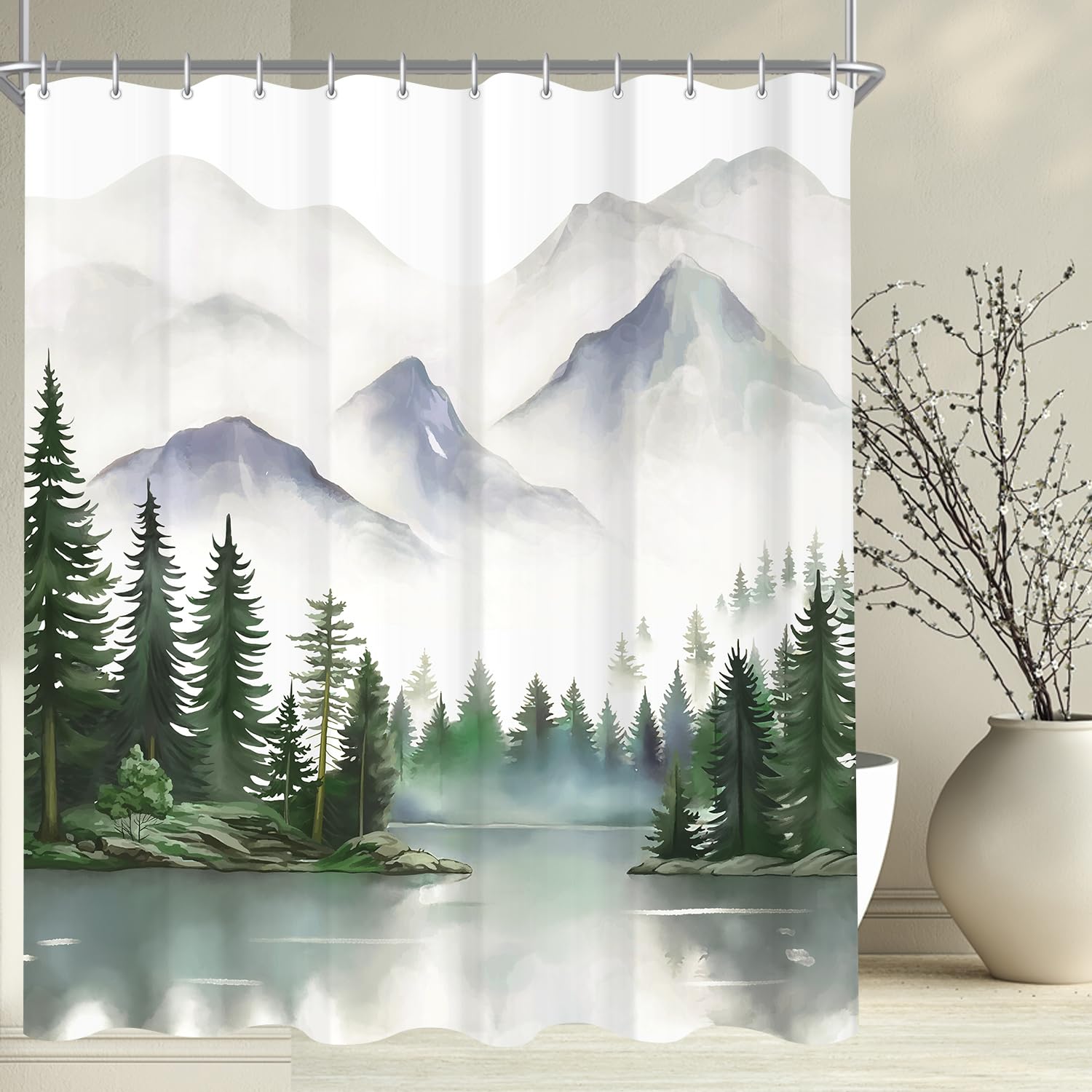 Lerores Mountain Shower Curtain | 180x200cm Anti-Mould Weighted Hem