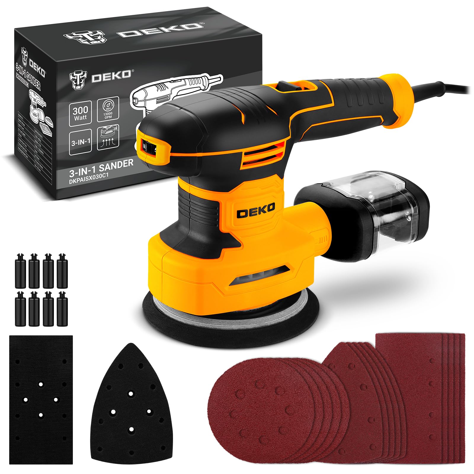 DEKOPRO 3-in-1 Orbital Sander - 300W Electric Hand Sanding Machine