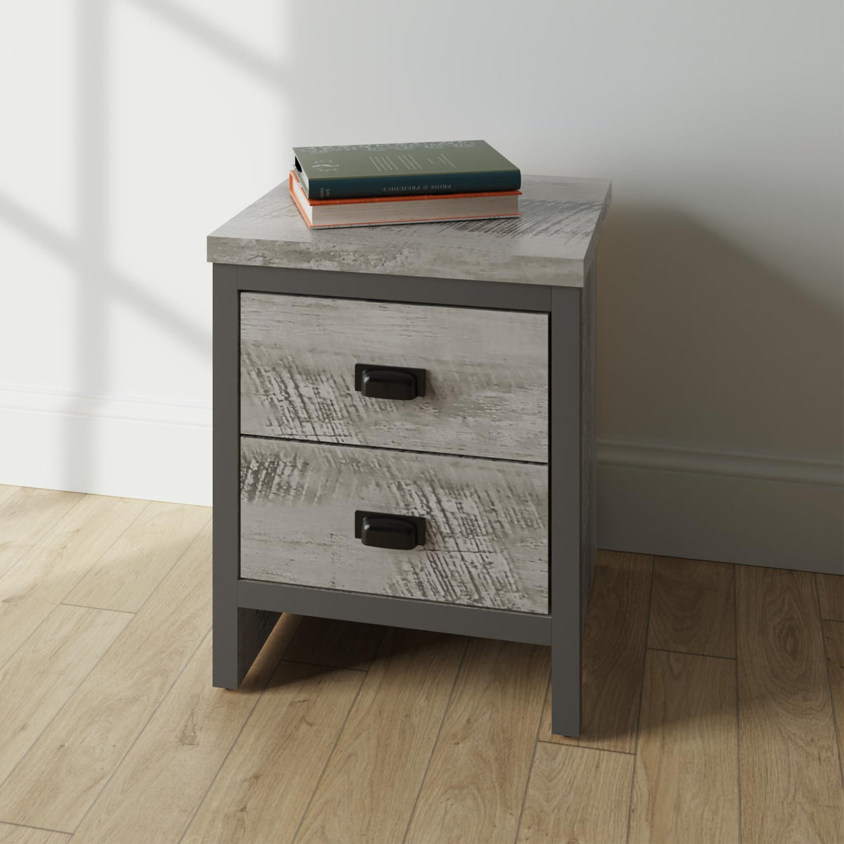 GFW Boston Pair of 2 Drawer Bedside Tables, Grey Wood Effect Bedside Cabinets, Industrial Style Nightstands with Storage Drawers - image 4