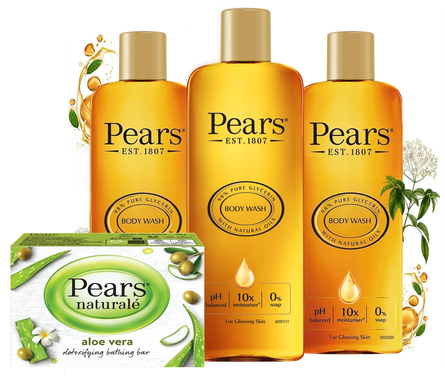 Pears Pure and Gentle Body Wash 3x250ml & Aloe Vera Soap 100g Bundle
