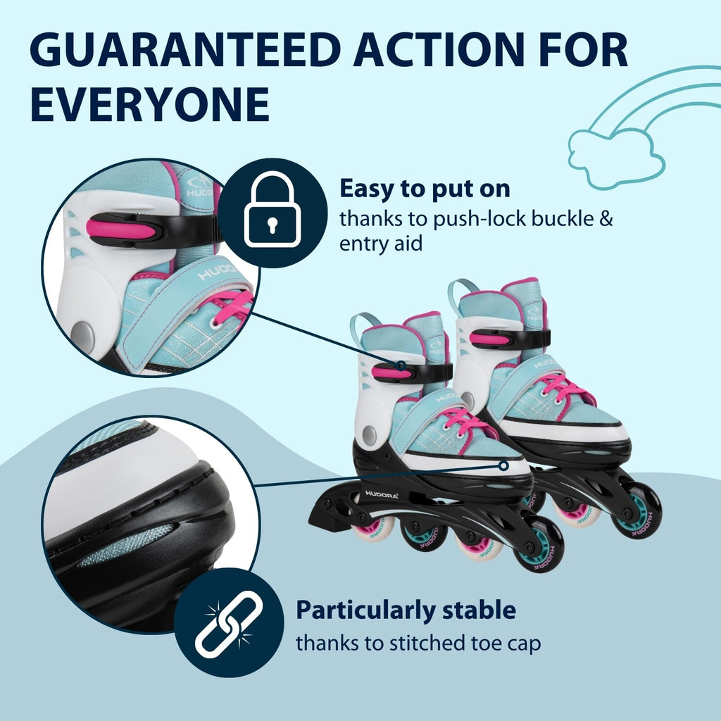 HUDORA Inline Skates Basic – Adjustable Kids Roller Skates, Blue/Mint