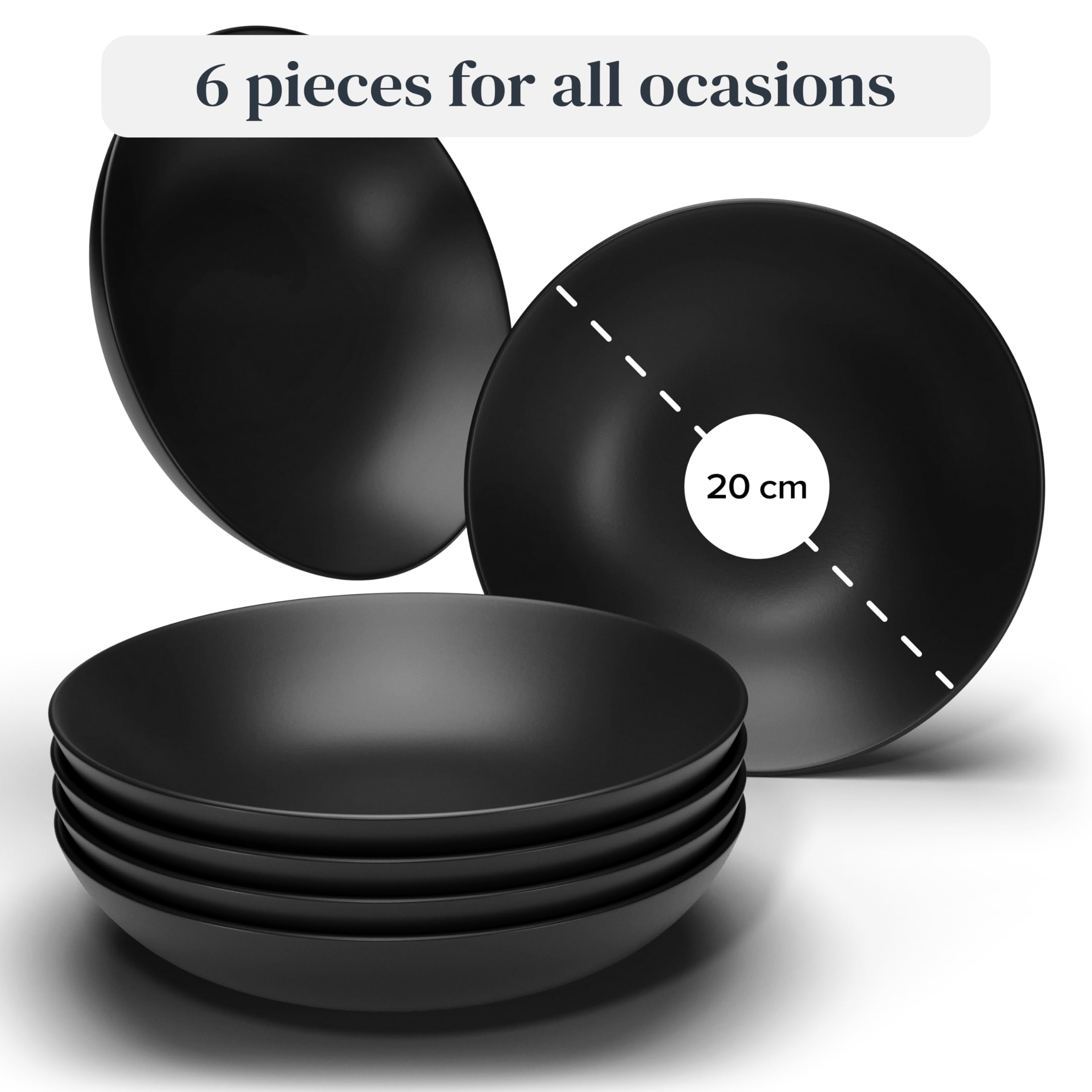 Pure Living Manhattan Matte Black Soup Plate Set – 6-Piece Stoneware