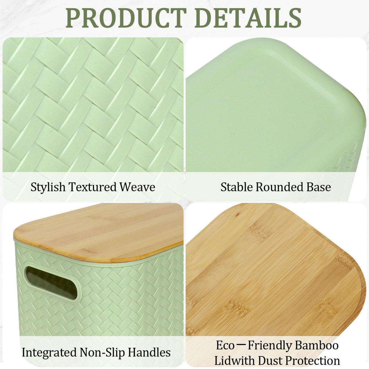 RWFMO 4 Pcs Plastic Green Storage Baskets with Bamboo Lid for Bathroom - image 3