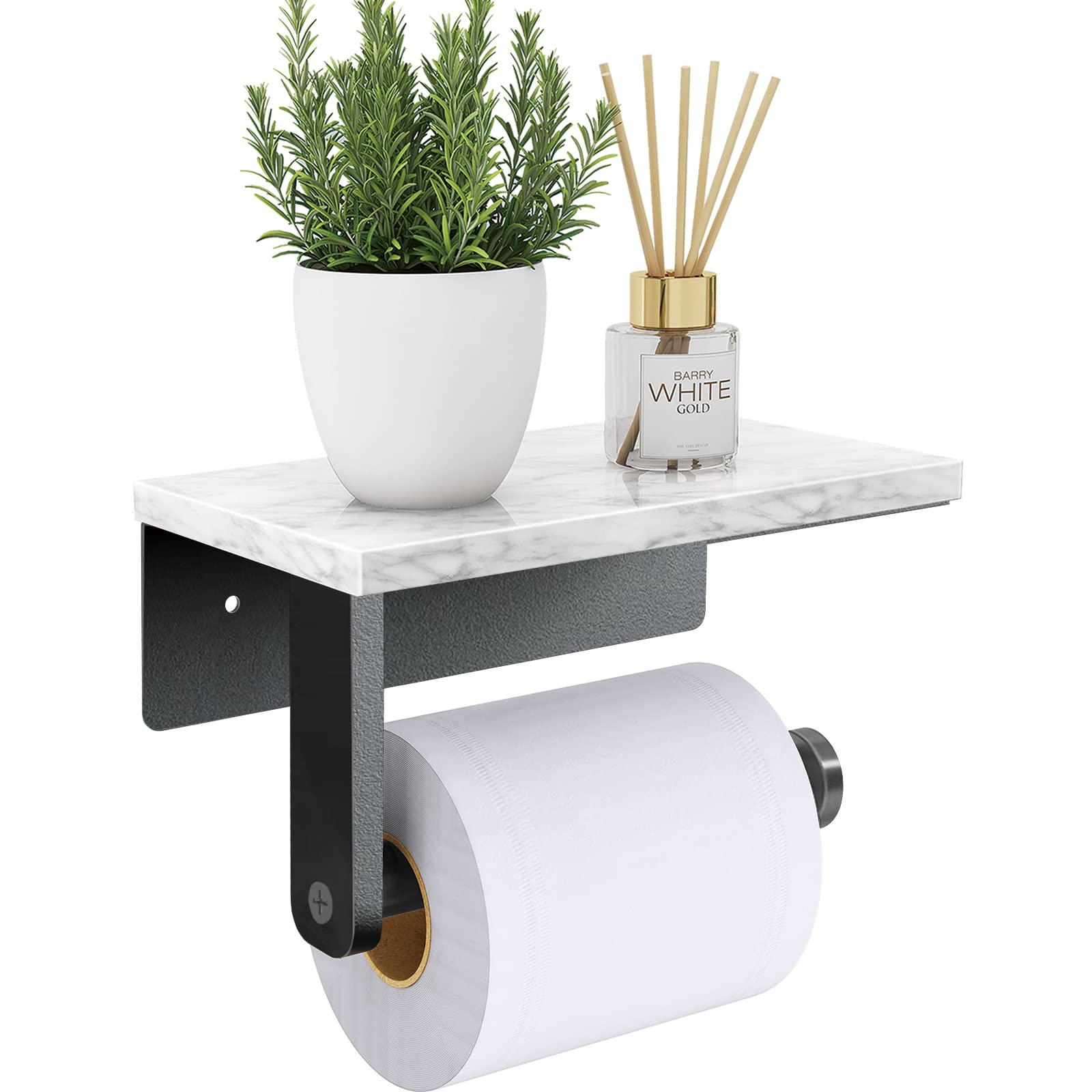 Gypie Toilet Paper Holder with Marble Shelf – Matt Black Stainless Steel
