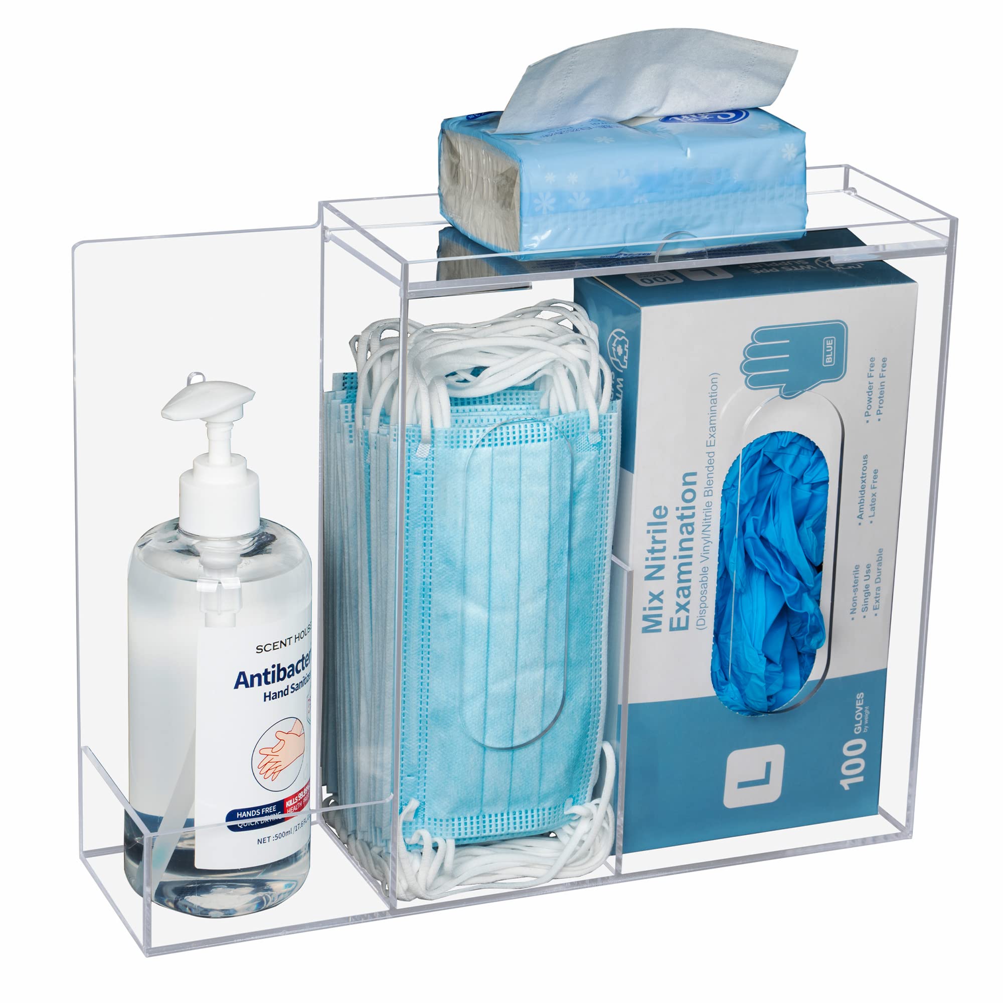 KOEMEHR 3-Compartment Acrylic Glove Box Holder & Face Mask Dispenser