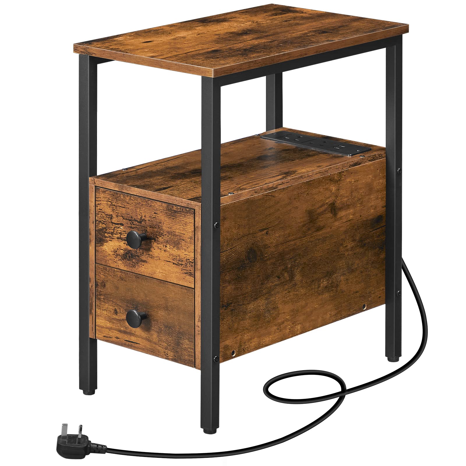 HOOBRO Narrow Side Table with Charging Station, 2 Drawers, Industrial