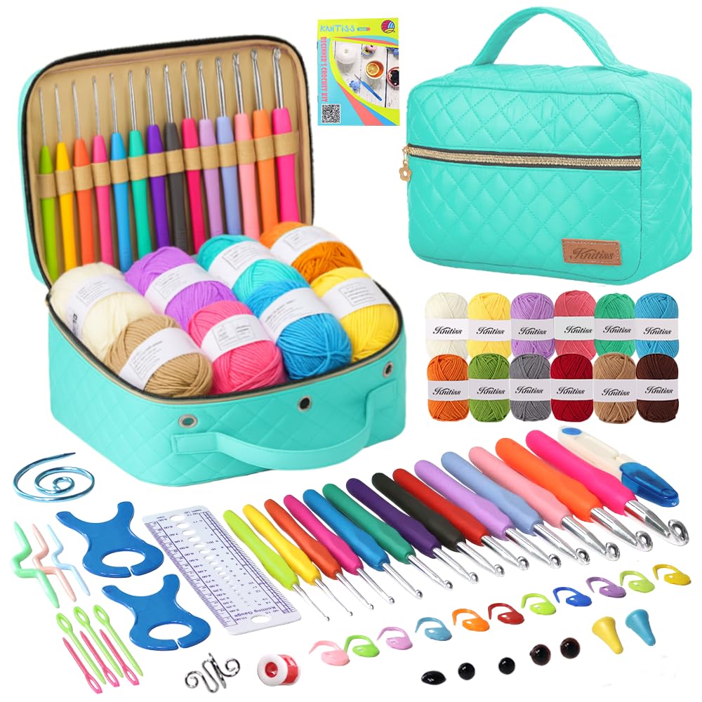Knitiss Crochet Kit for Beginners | 14 Ergonomic Hooks & 12 Yarn Balls