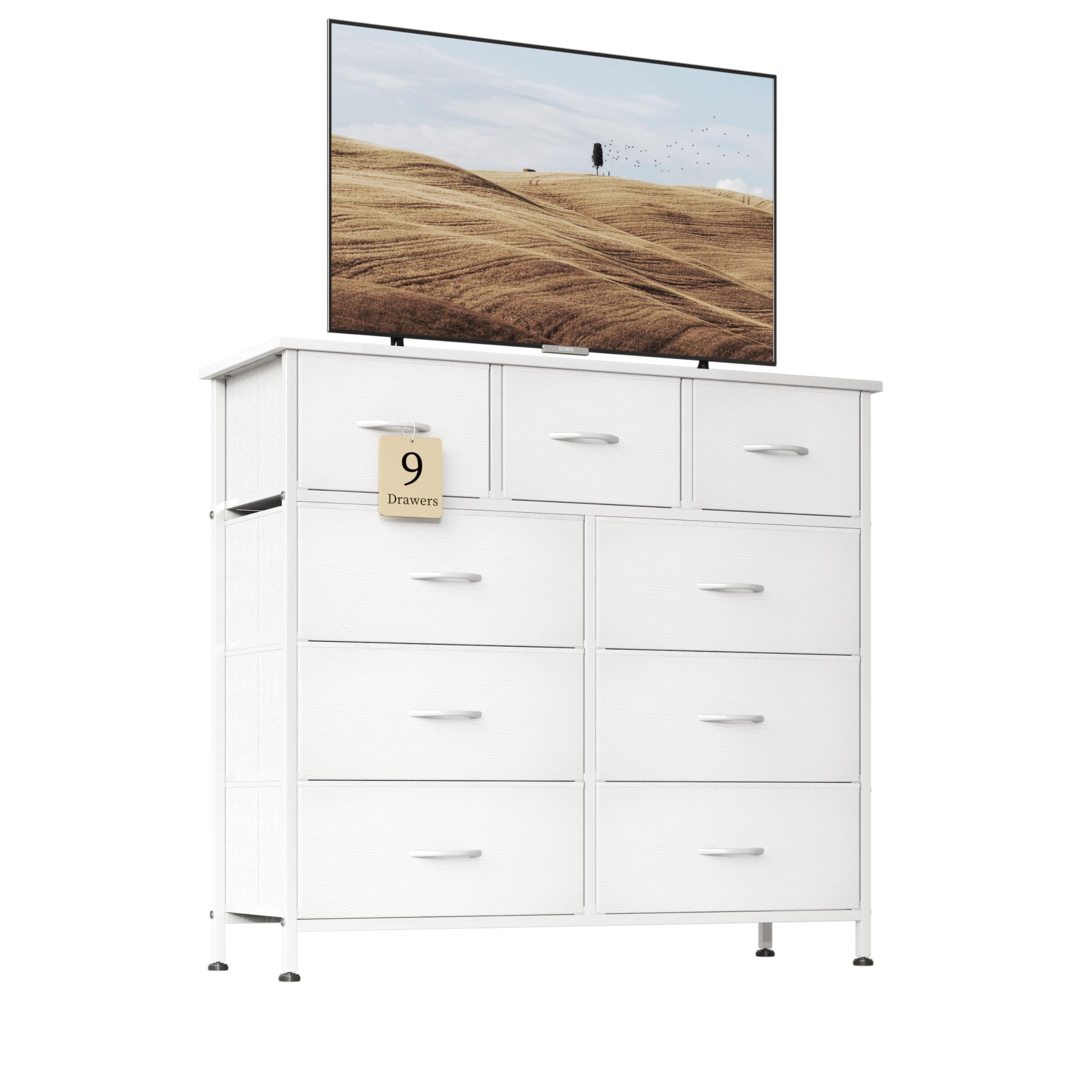 Flrrtenv 9-Drawer Fabric Dresser | Modern White Chest with Wooden Top
