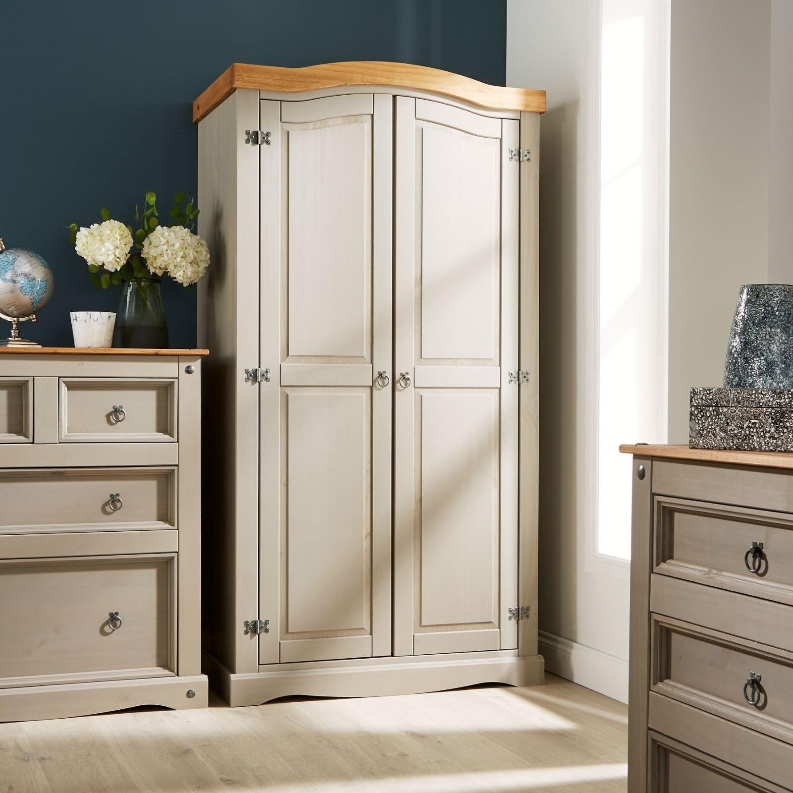 Home Source 2 Door Solid Pine Wardrobe – Grey Painted Finish, 188cm