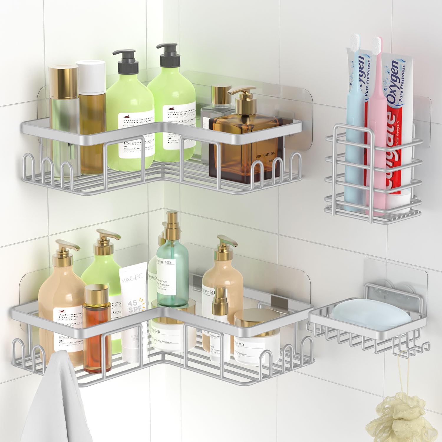 4-Pack Corner Shower Caddy | Adhesive Stainless Steel Shelf