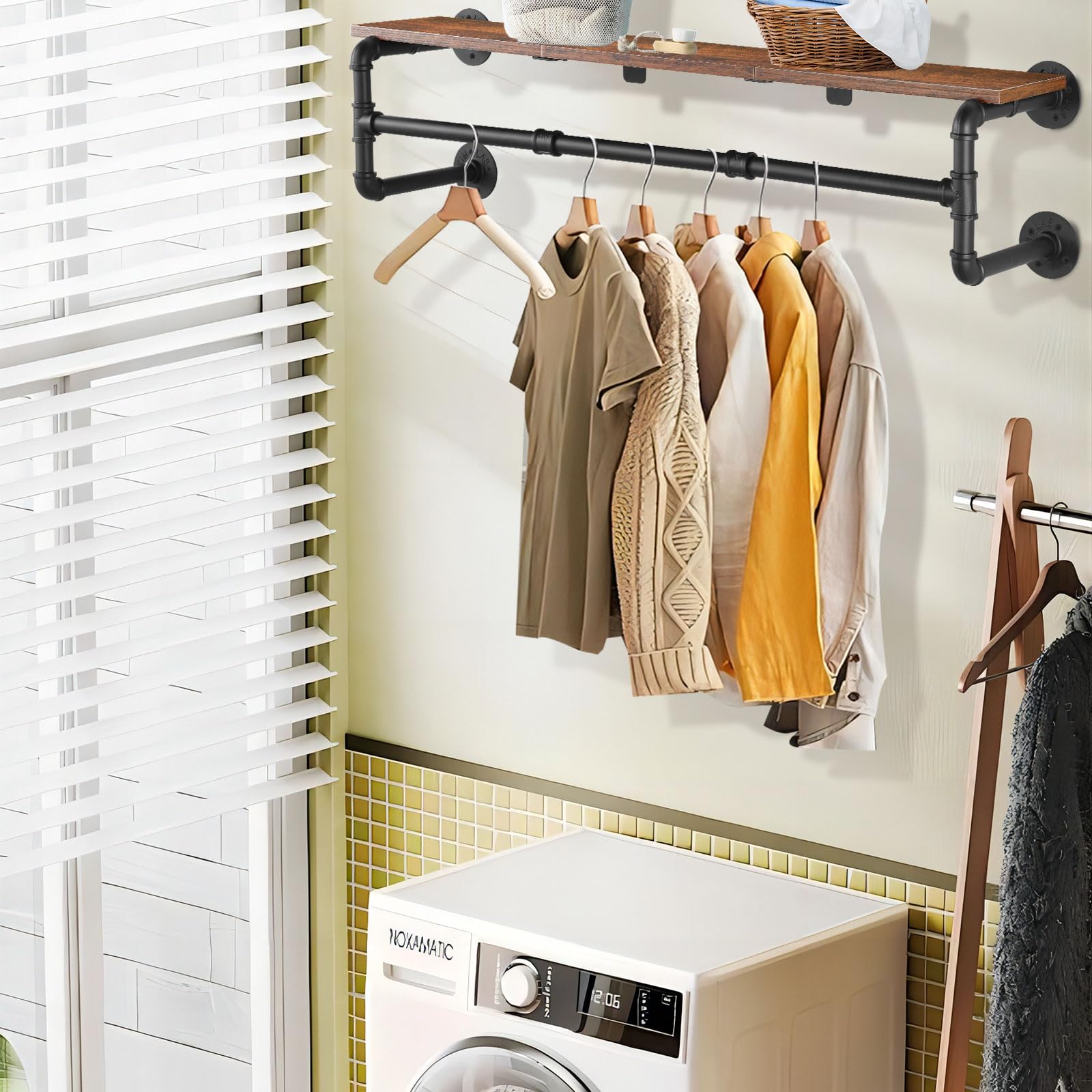 Yawinhe Industrial Pipe Wall Mounted Garment Rack with Wood Top Shelf