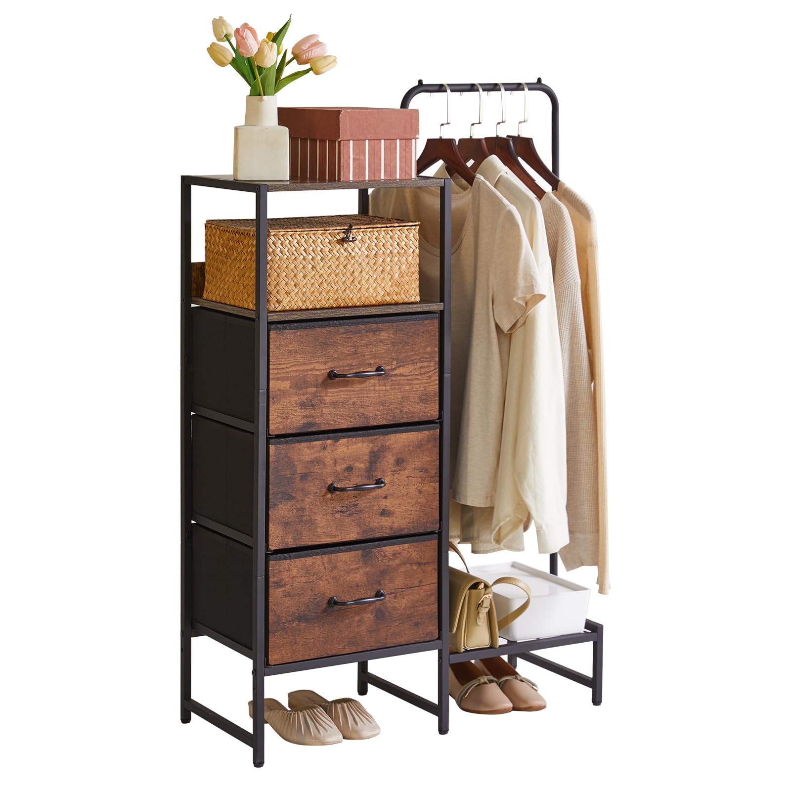 Aibiju 3-Drawer Fabric Dresser with Garment Rack and Shoe Shelf – Rustic Brown