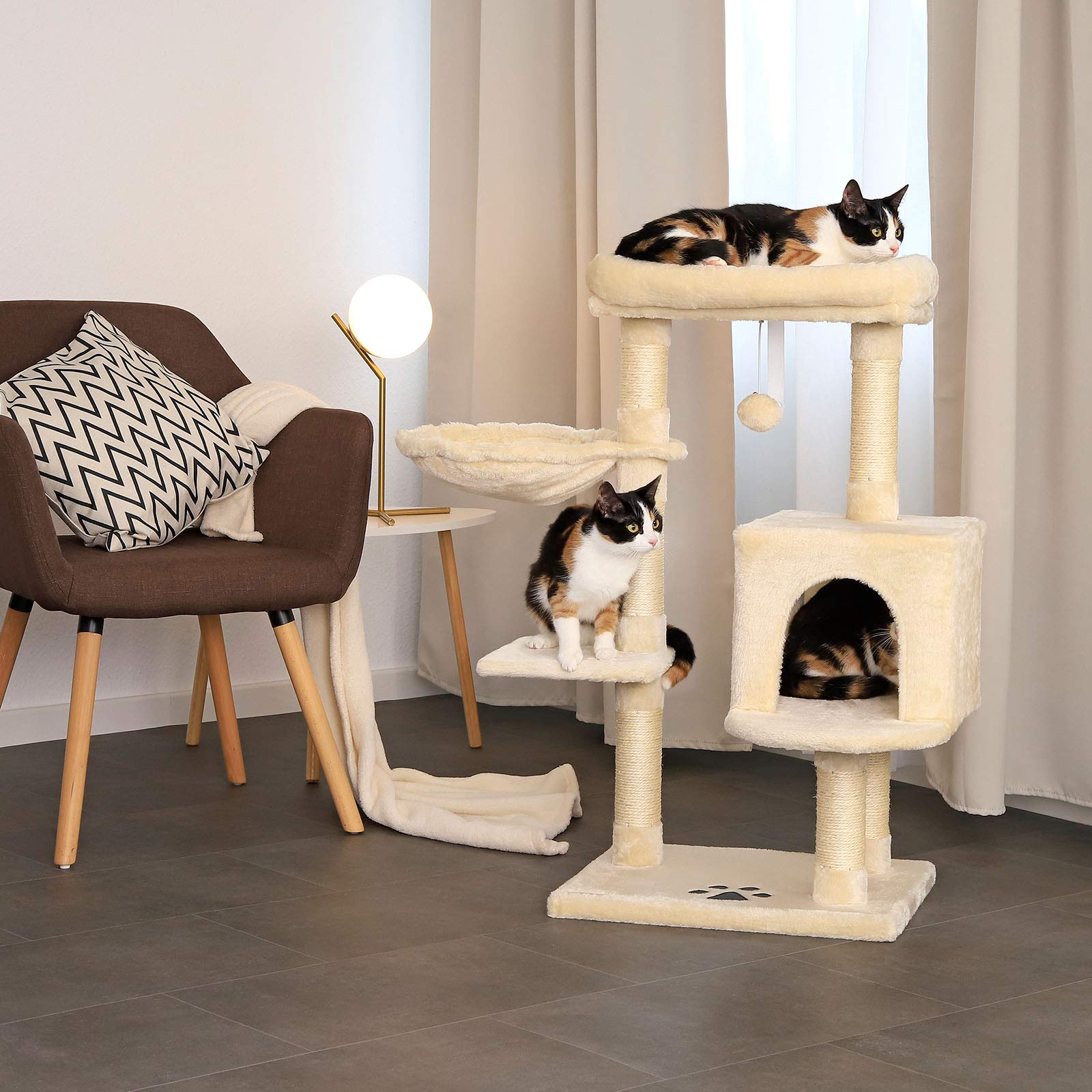 lionto Cat Scratching Post with Sisal, Cave & Plush Ball – 93 cm