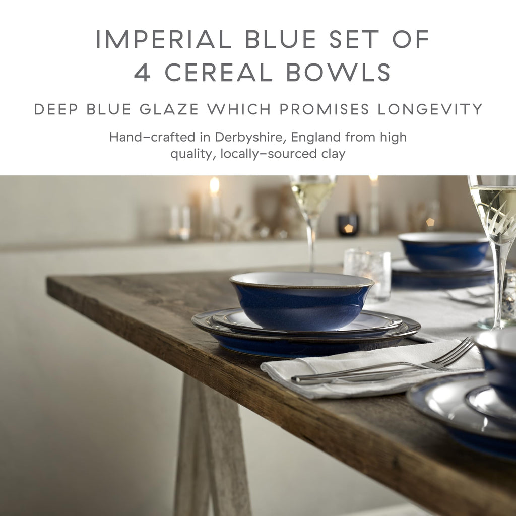 Denby Imperial Blue Cereal Bowls - Set of 4 Handcrafted Ceramic Stoneware