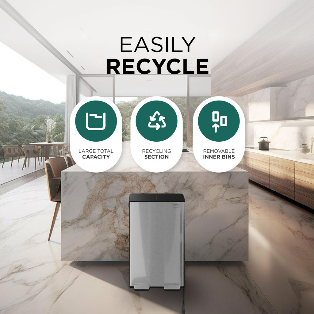 DMD 60L Dual Stainless Steel Recycling Bin with 3L Compost Bin